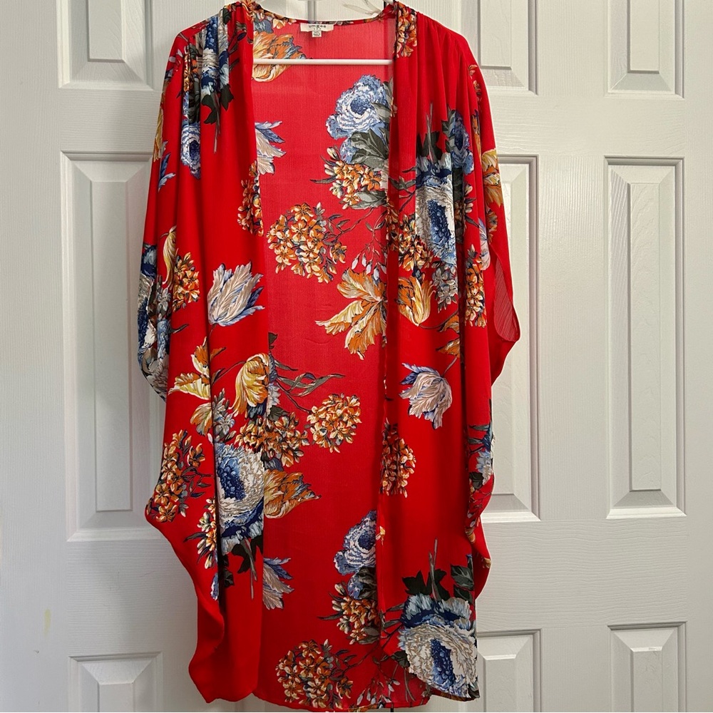 Umgee Red Floral Cotton Blend Bohemian Kimono Wrap Sz M/L